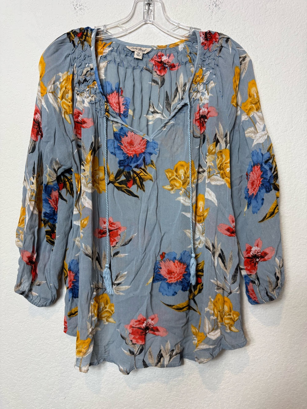 Lucky Brand Blue Floral Lightweight Top with Pink, Yellow & Royal Blue Blooms 1X